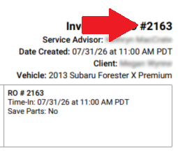 Repair Order Number location example